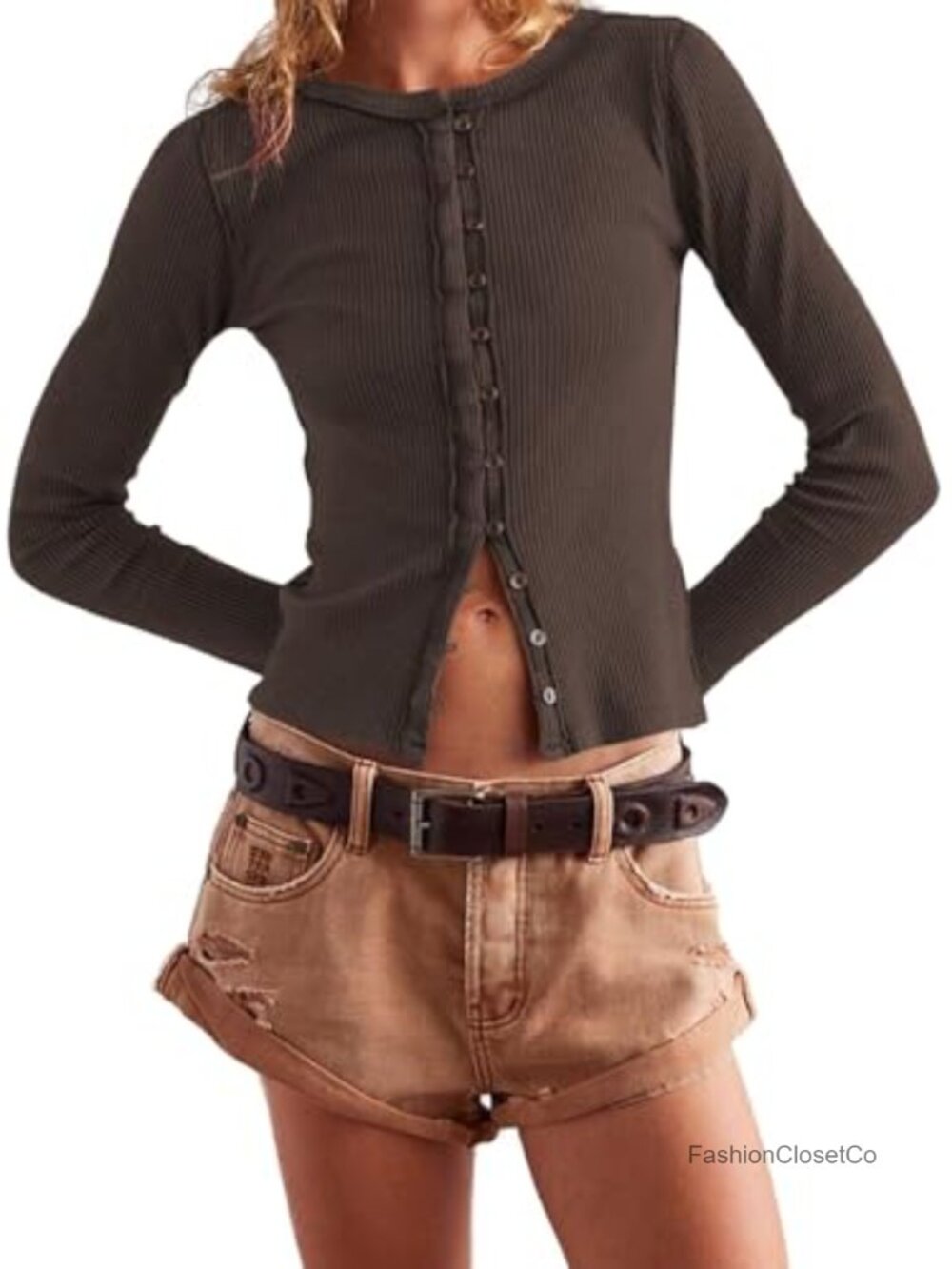 Women Fitted Ribbed Knit Button Down Cardigan Long Sleeve Y2K Top